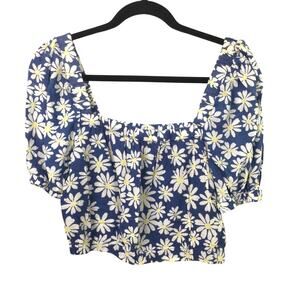 American Eagle Women's Floral Square Neck Puff Sleeve Pleated Cropped Top XS